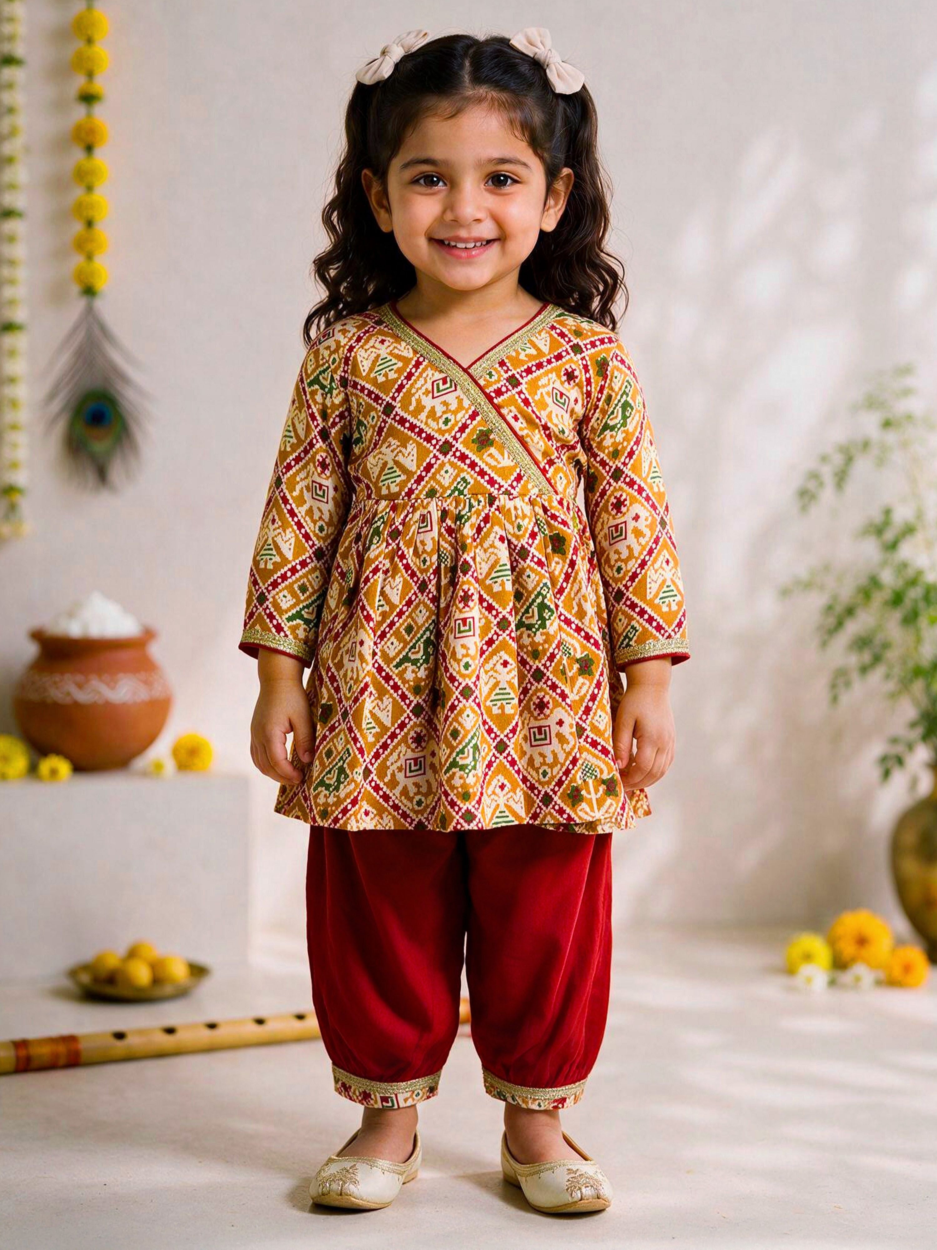 Girls Mustard Cotton Ikkat Thigh Length Kurta and Pyjama Set