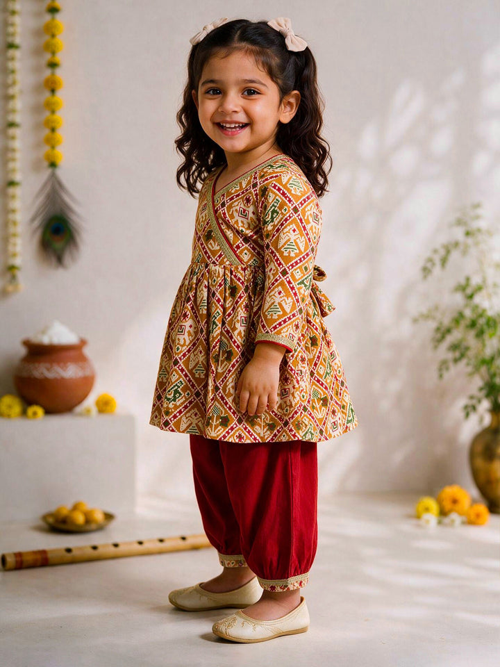 Girls Mustard Cotton Patola Thigh Length Kurta and Pyjama Set