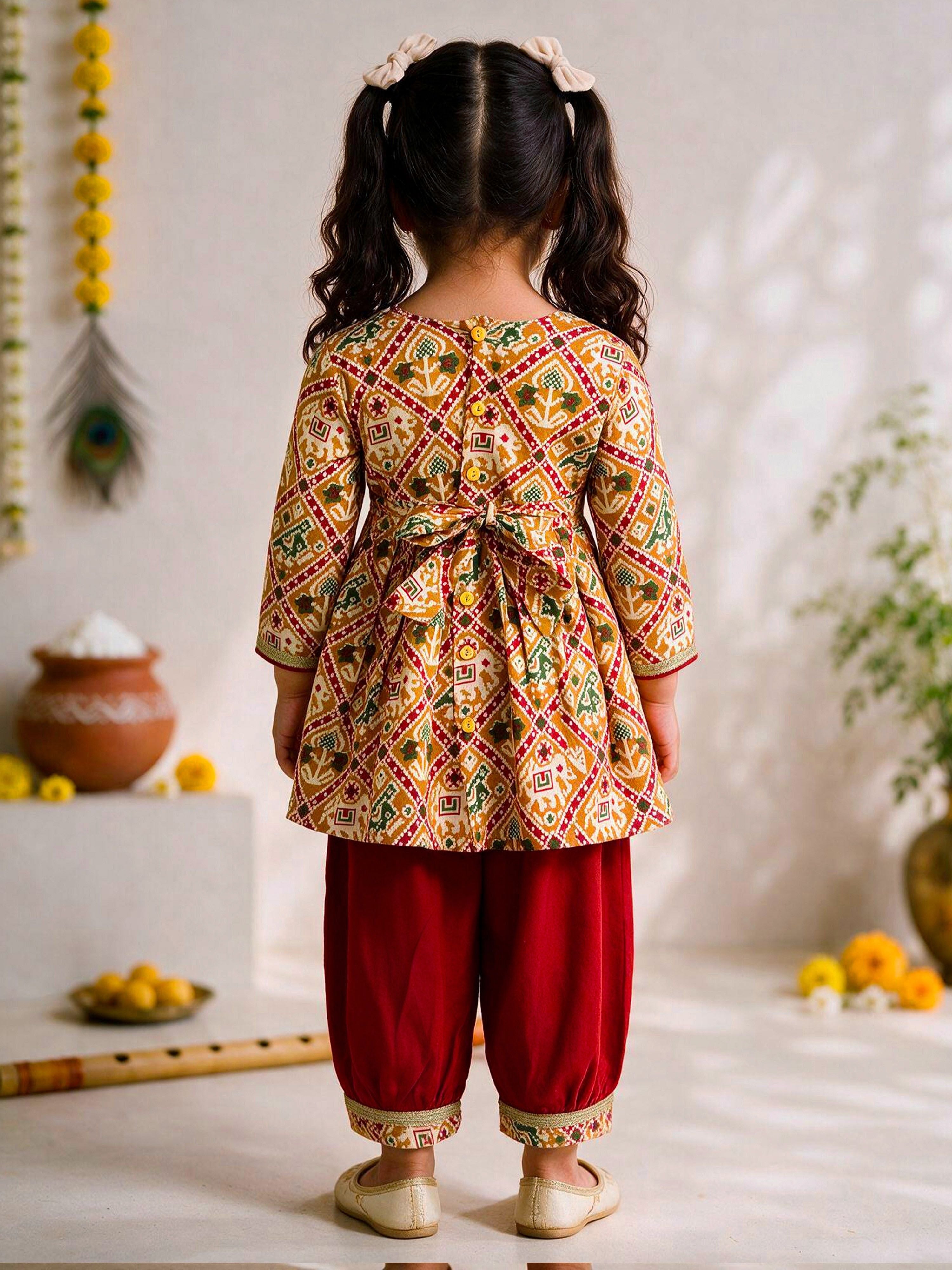 Girls Mustard Cotton Ikkat Thigh Length Kurta and Pyjama Set