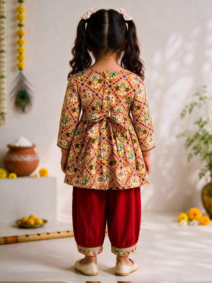 Girls Mustard Cotton Patola Thigh Length Kurta and Pyjama Set