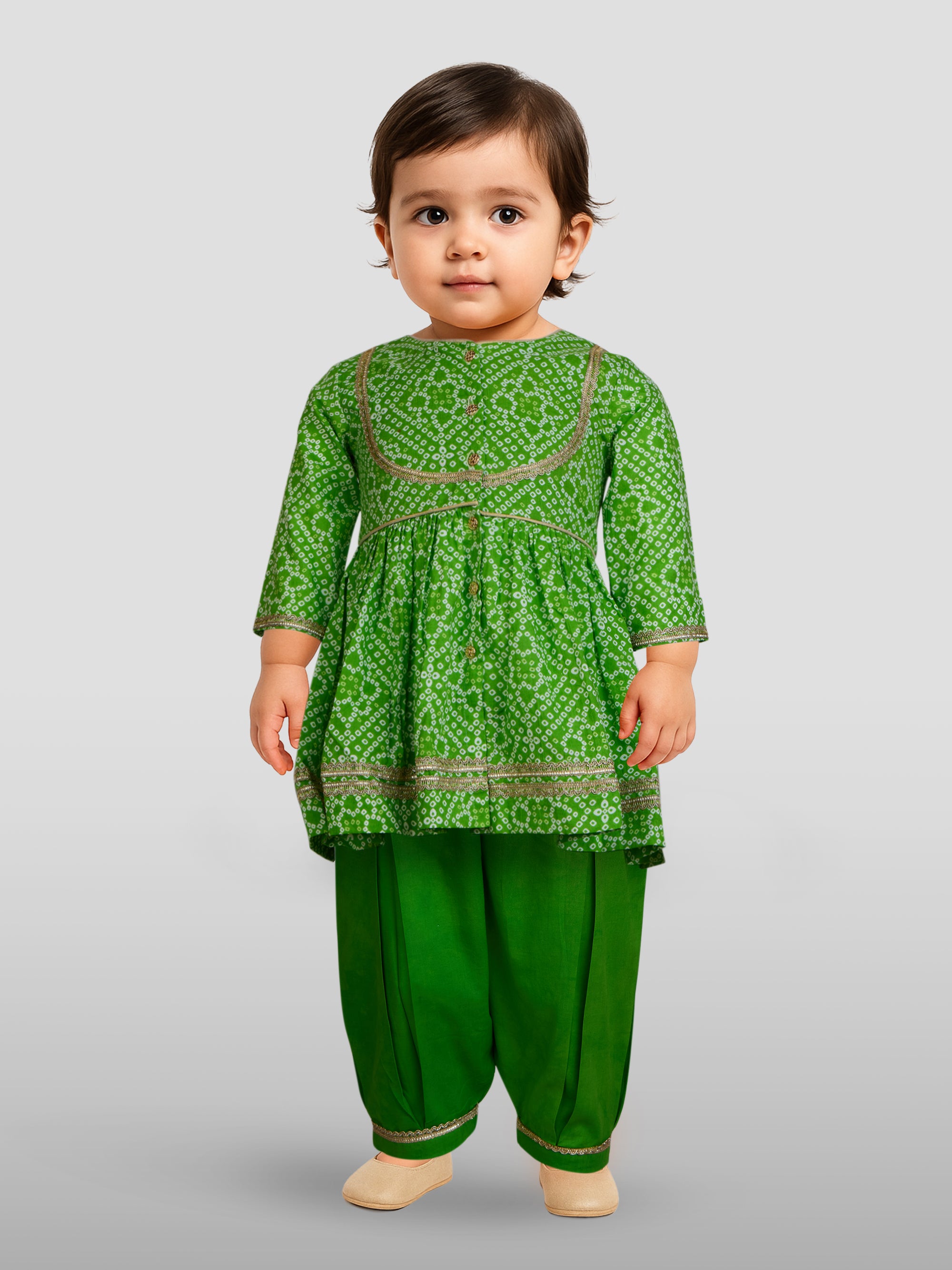 Girls Green Cotton Bandhani Kurta Patiala Set with Digital Print