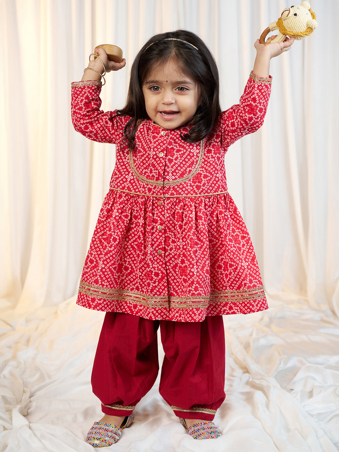 Girls Red Cotton Bandhani Kurta Patiala Set with Digital Print