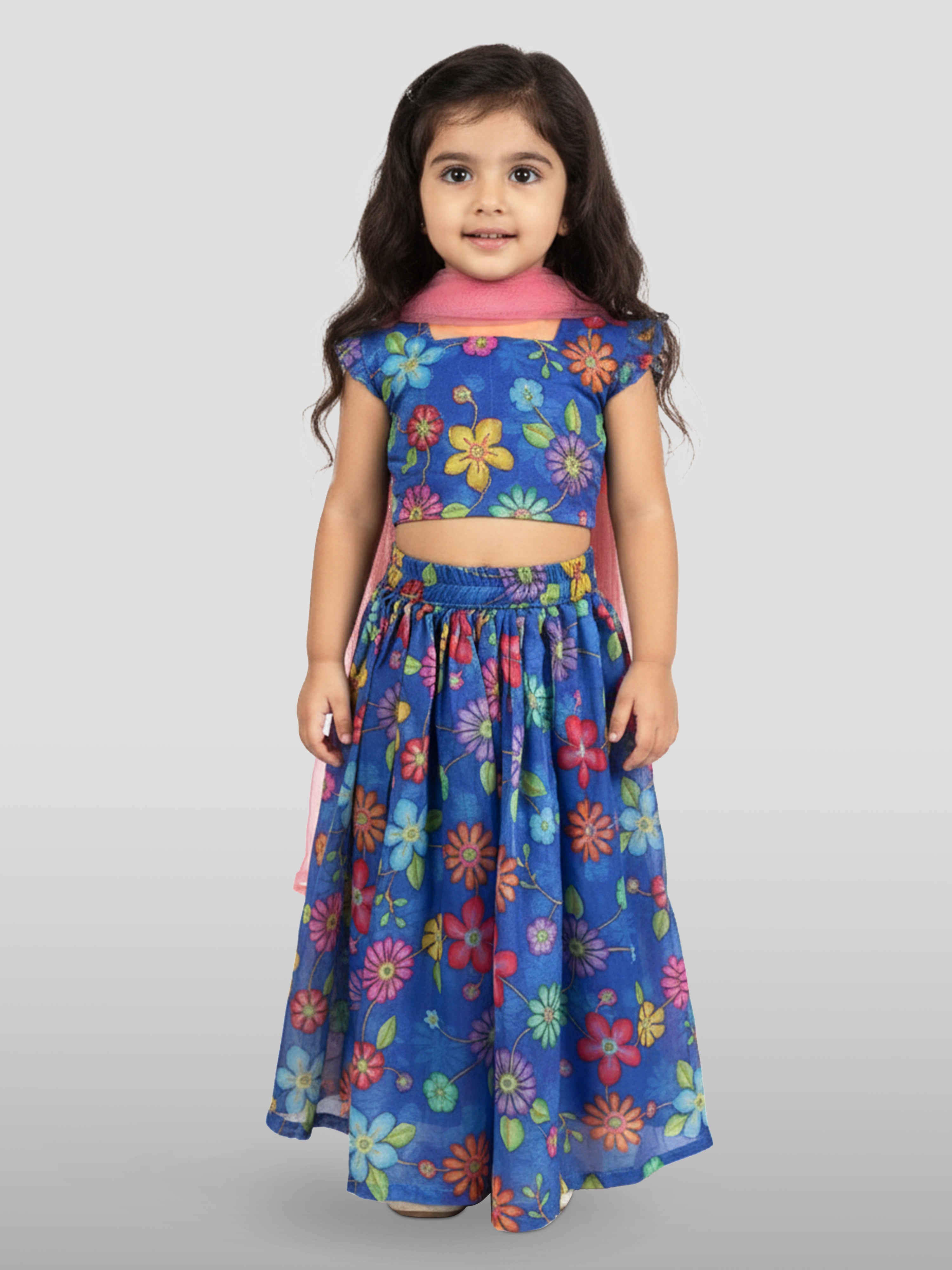 Vastramay Kids Blue Organza Lehenga Set
