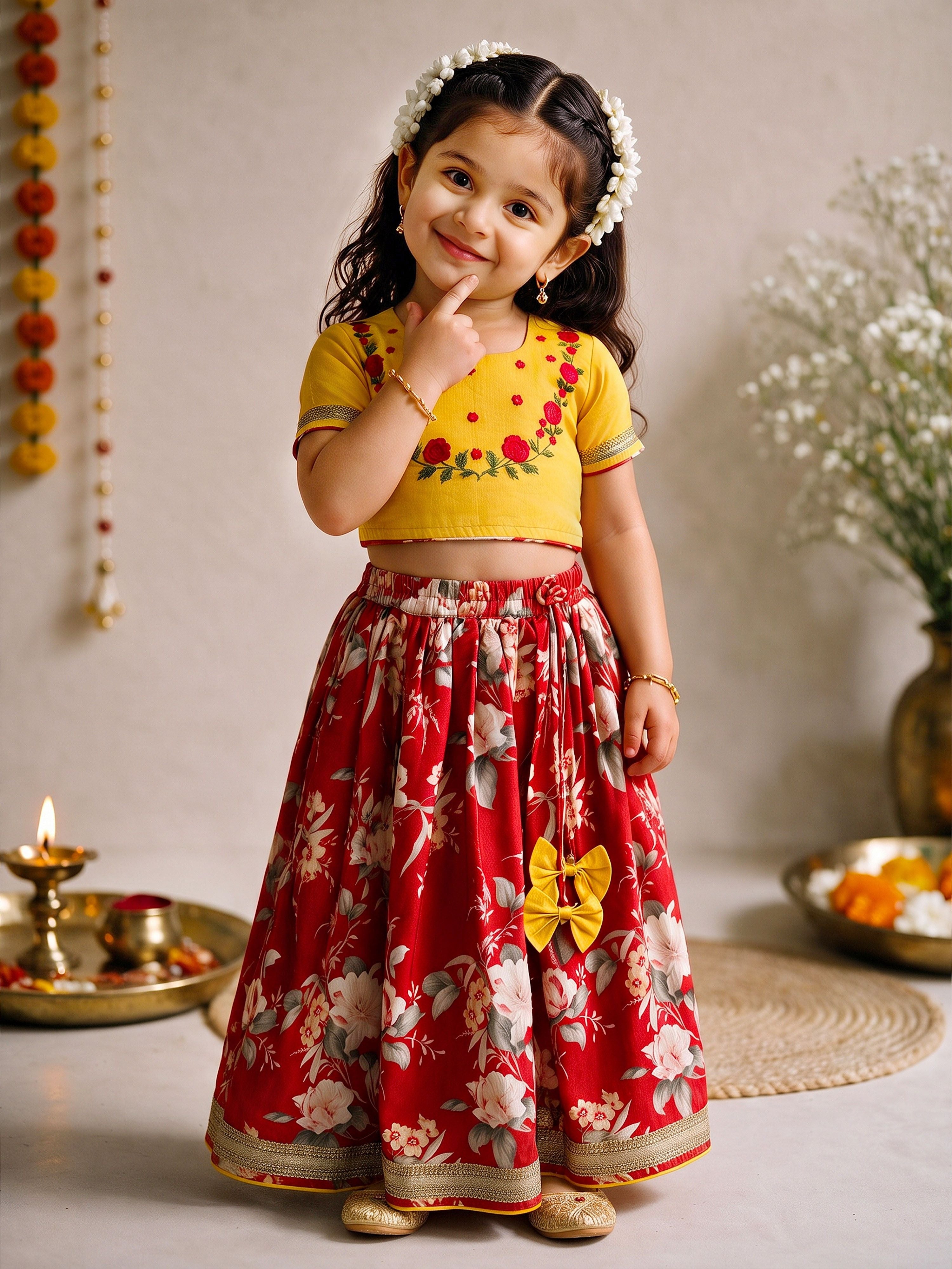 Girls Red Floral Cambric Cotton Lehenga Set with Choli