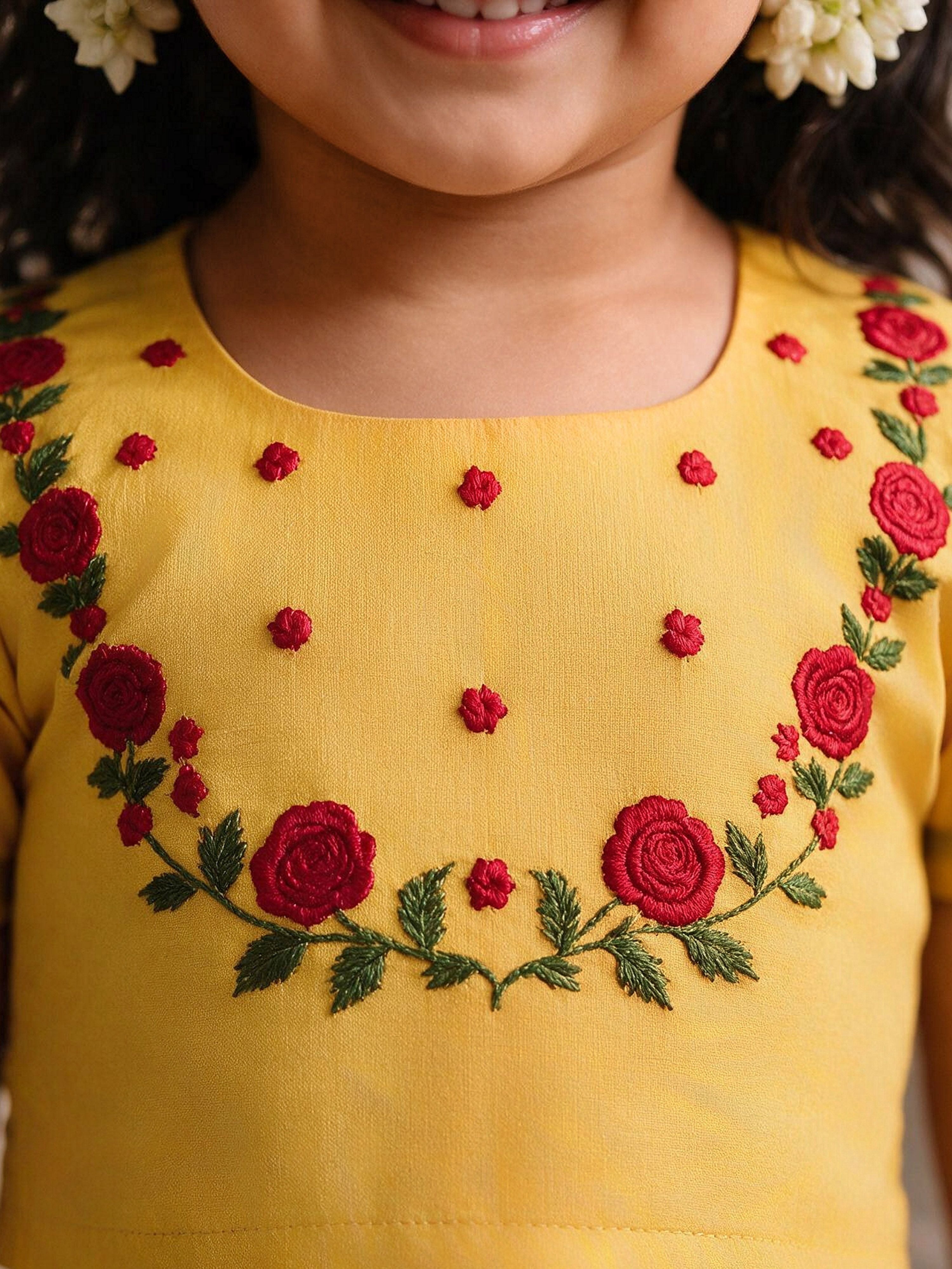 Girls Red Cambric Cotton Floral Print Cropped Length Lehenga Choli