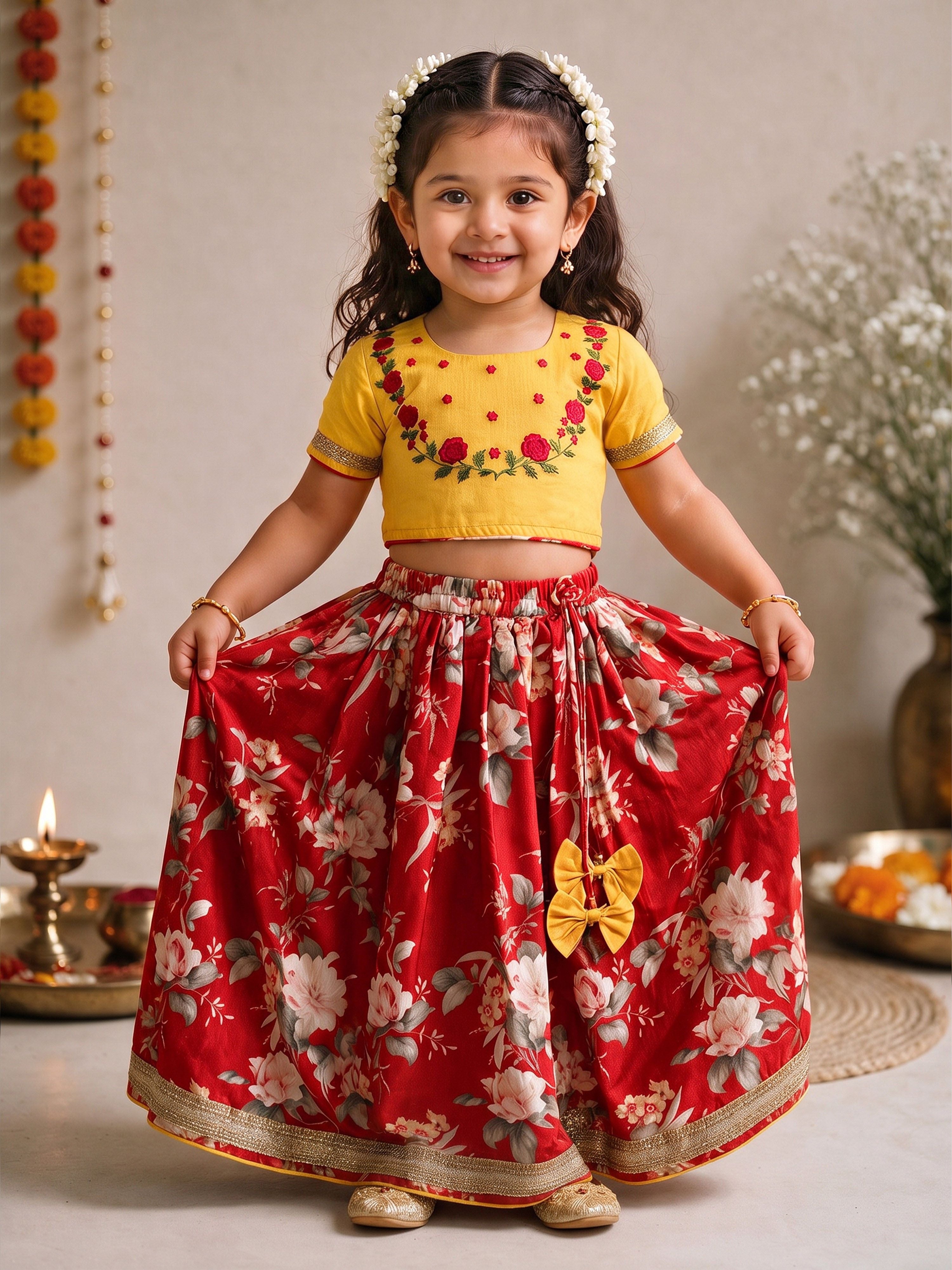 Girls Red Cambric Cotton Floral Print Cropped Length Lehenga Choli