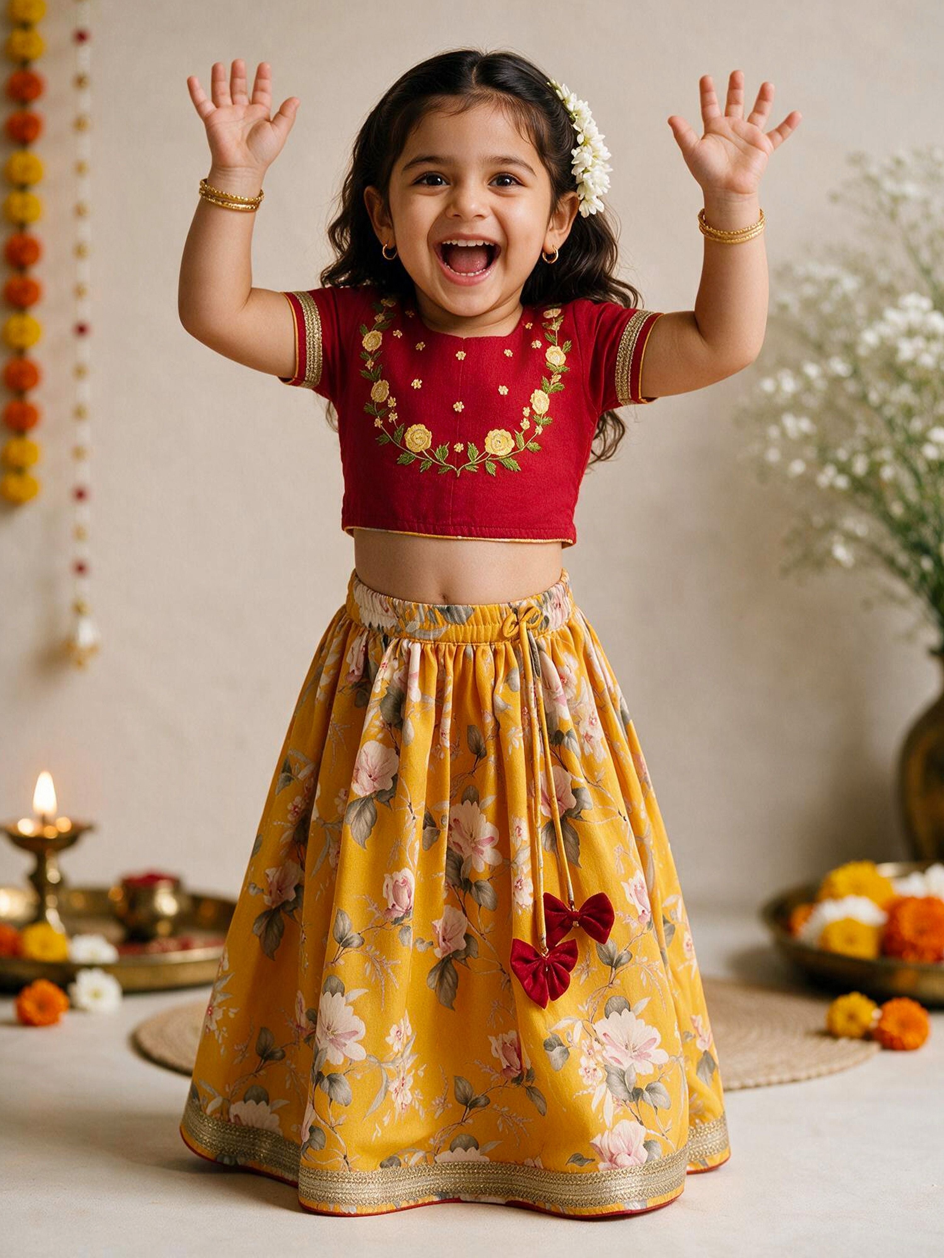 Girls Yellow Cambric Cotton Floral Lehenga Set with Choli