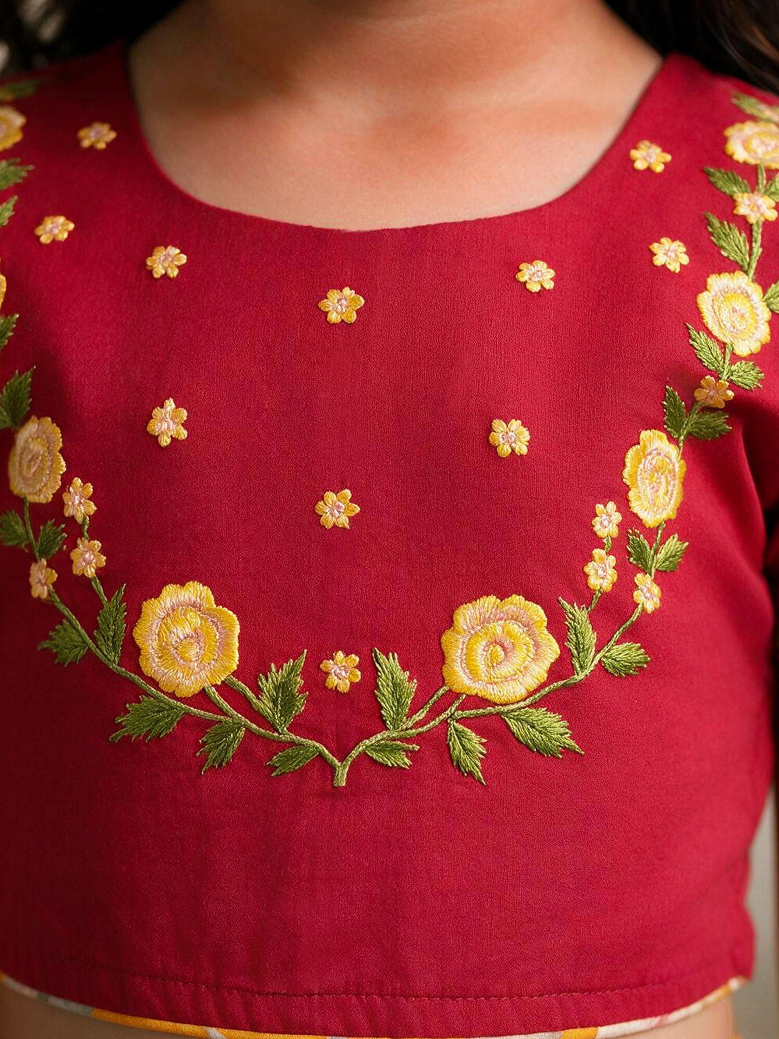 Girls Yellow Cambric Cotton Floral Print Cropped Length Lehenga Choli