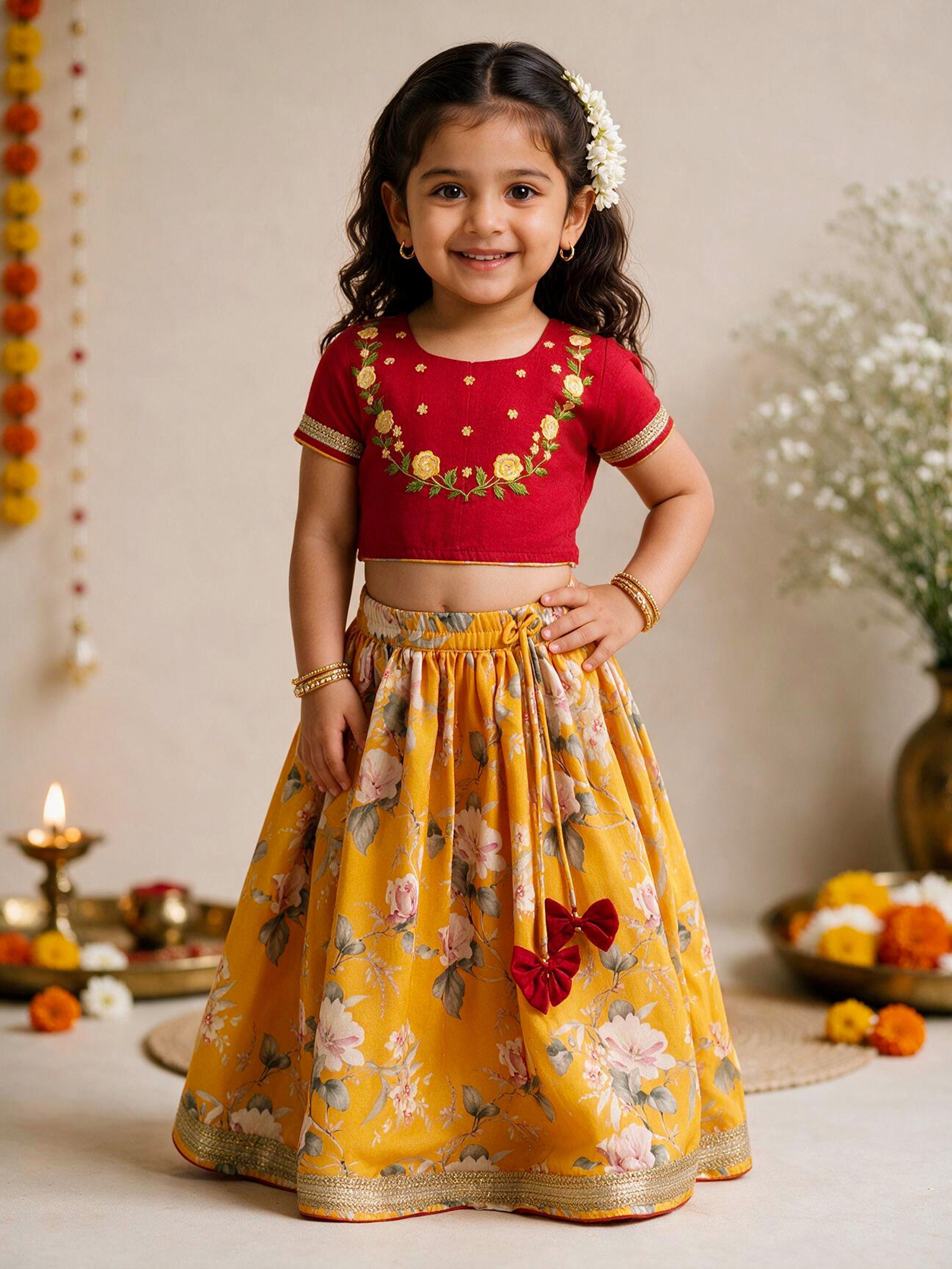Girls Yellow Cambric Cotton Floral Print Cropped Length Lehenga Choli