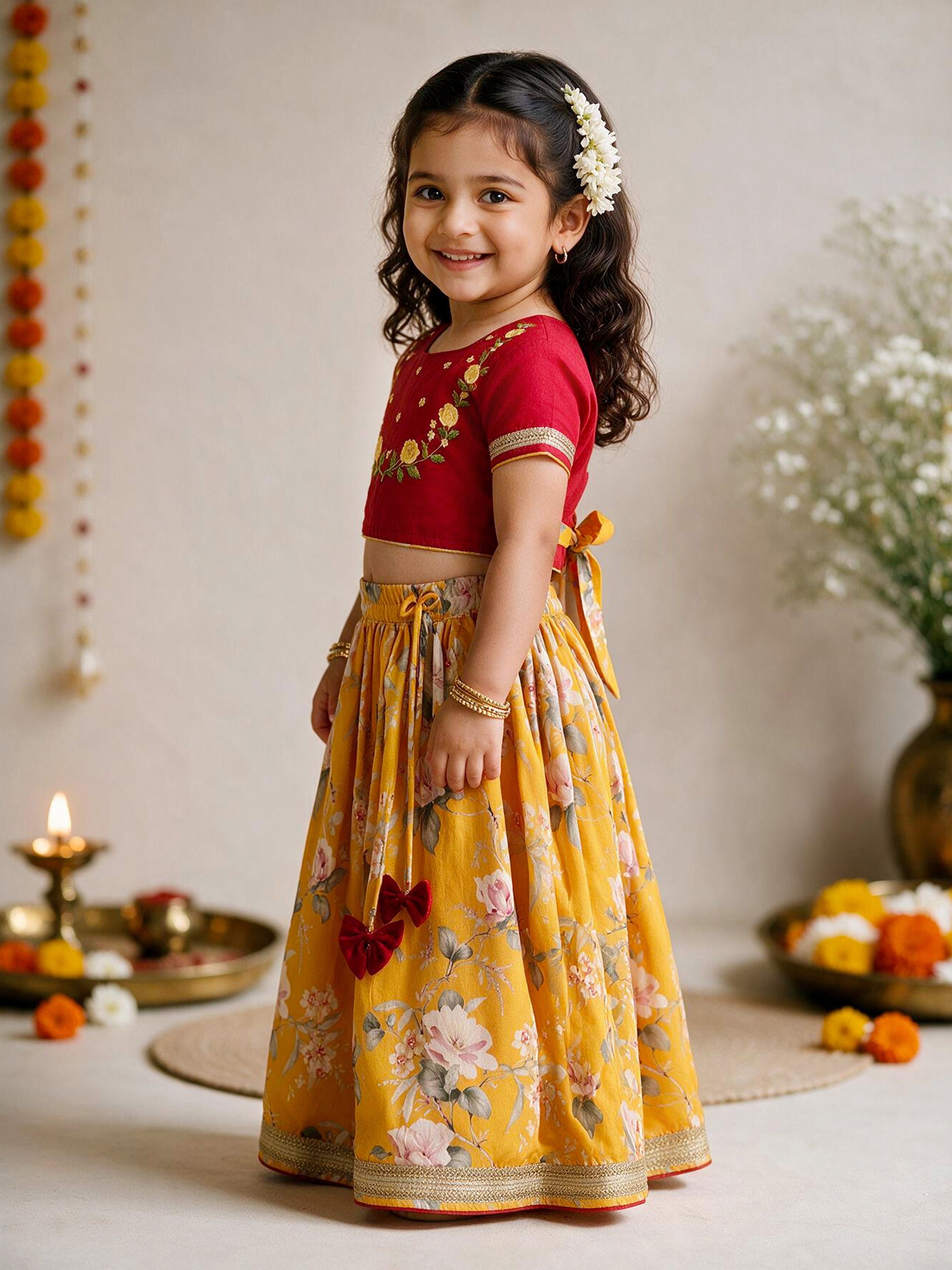 Girls Yellow Cambric Cotton Floral Print Cropped Length Lehenga Choli