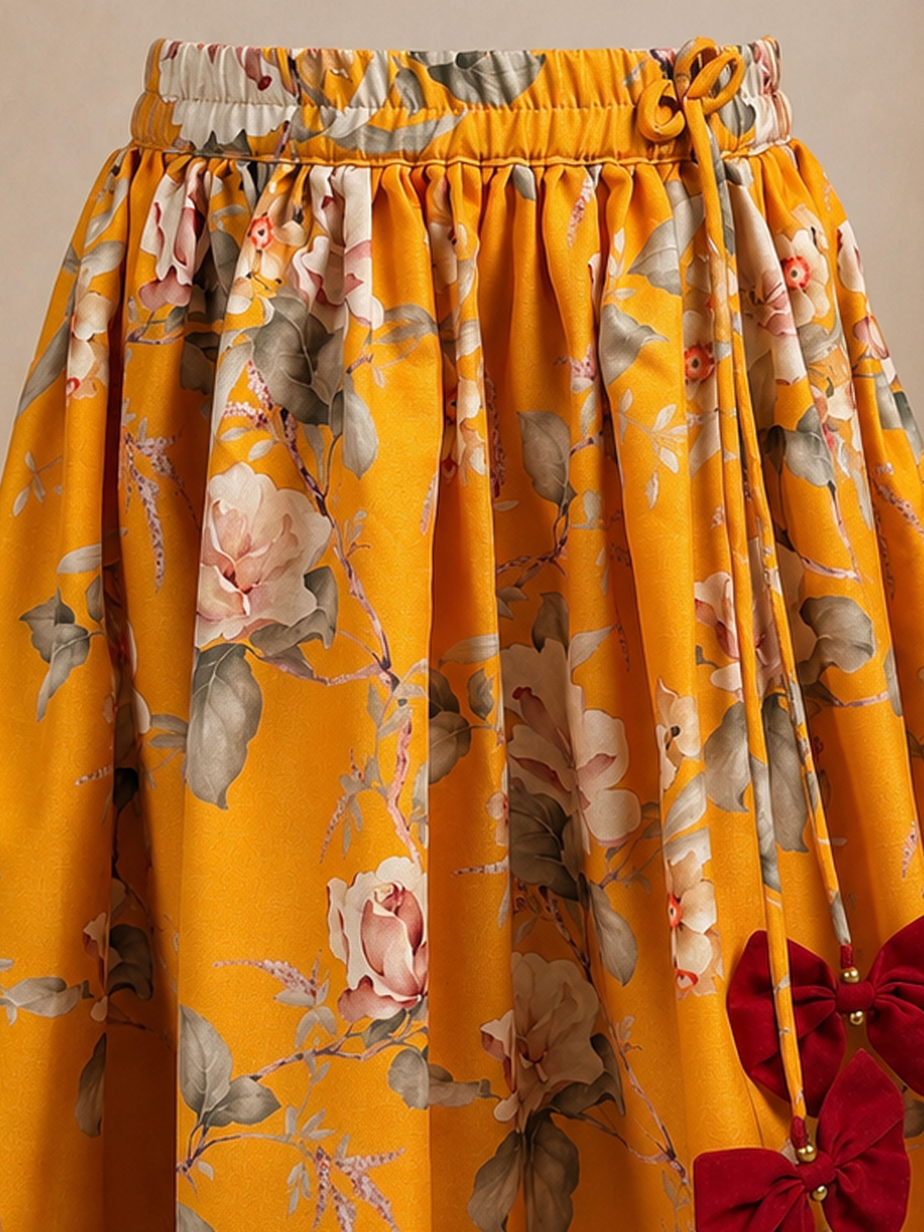 Girls Yellow Cambric Cotton Floral Print Cropped Length Lehenga Choli