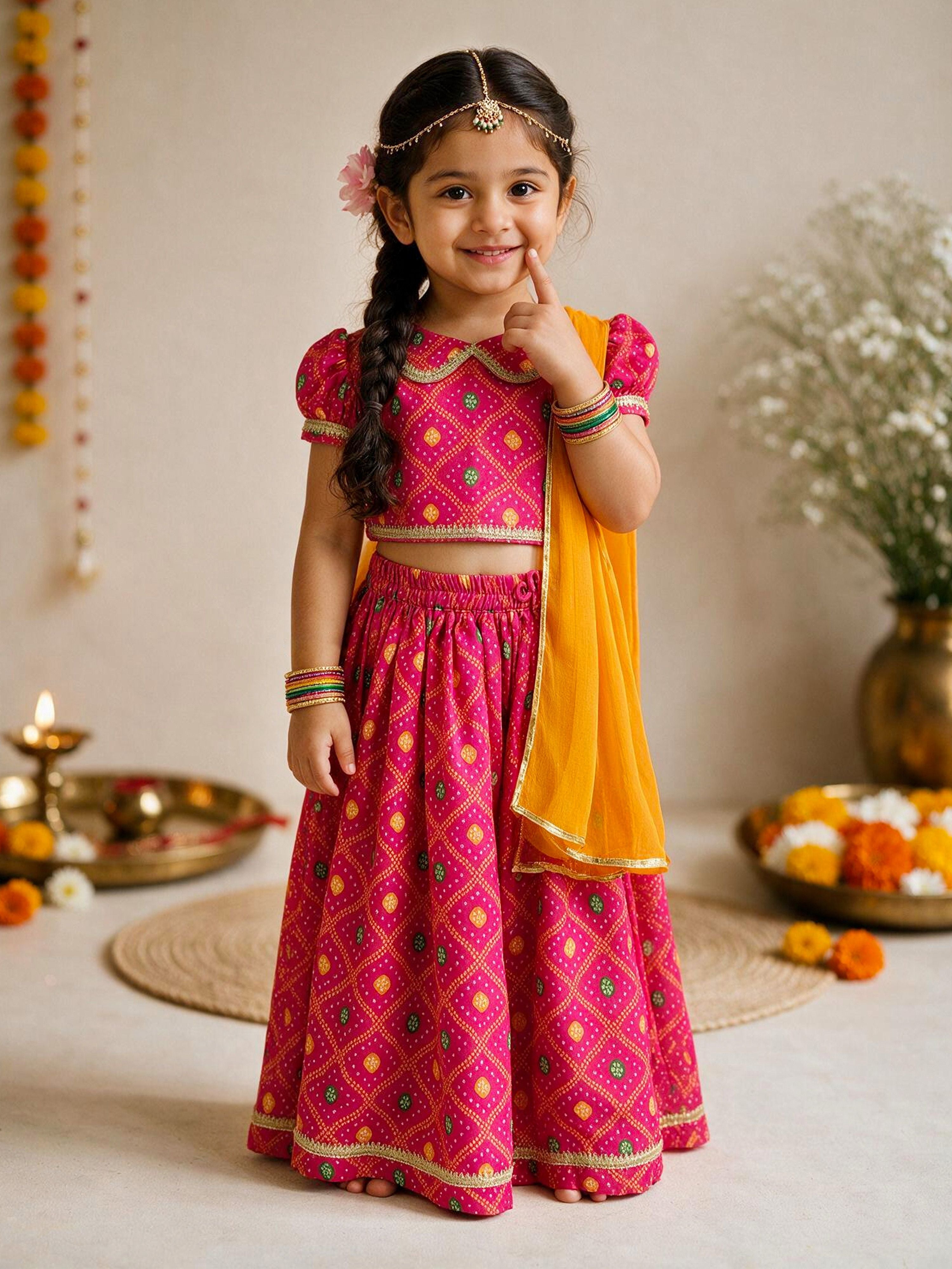 Girls Pink Cotton-Blend Bandhani Lehenga Set with Dupatta