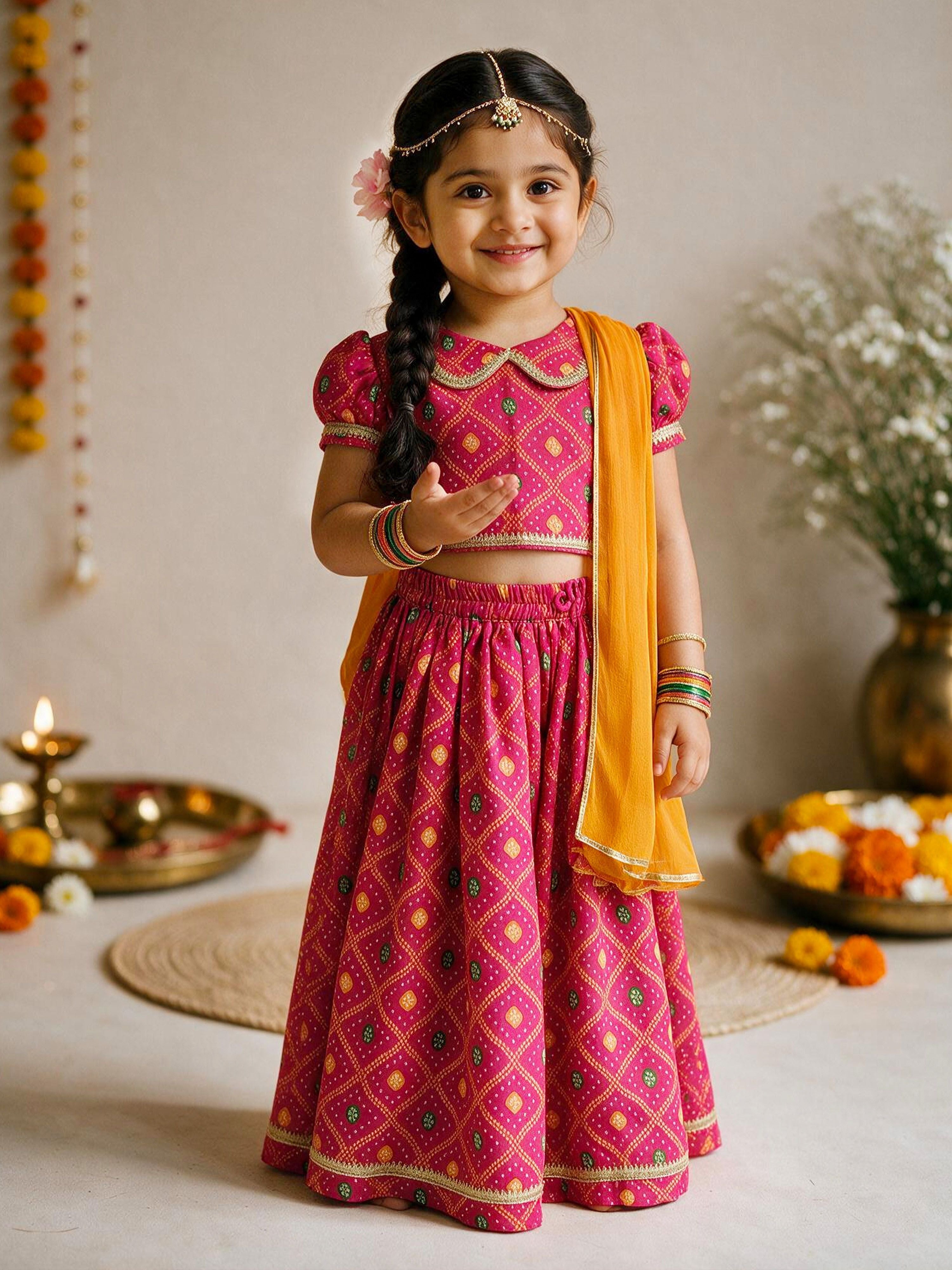 Girls's Pink Cotton-Blend Bandhni Cropped Length Lehenga With Choli And Dupatta Set
