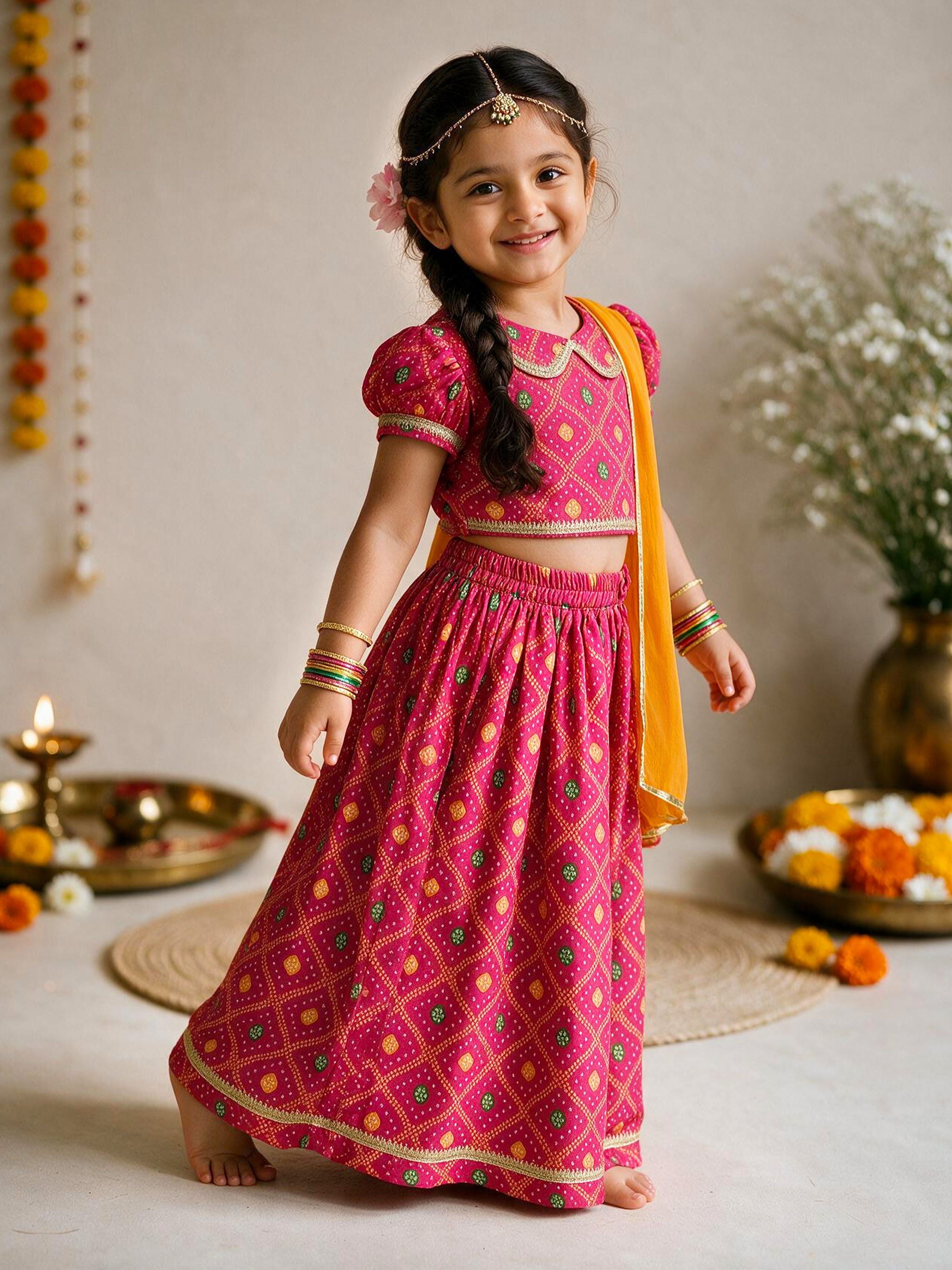 Girls's Pink Cotton-Blend Bandhni Cropped Length Lehenga With Choli And Dupatta Set