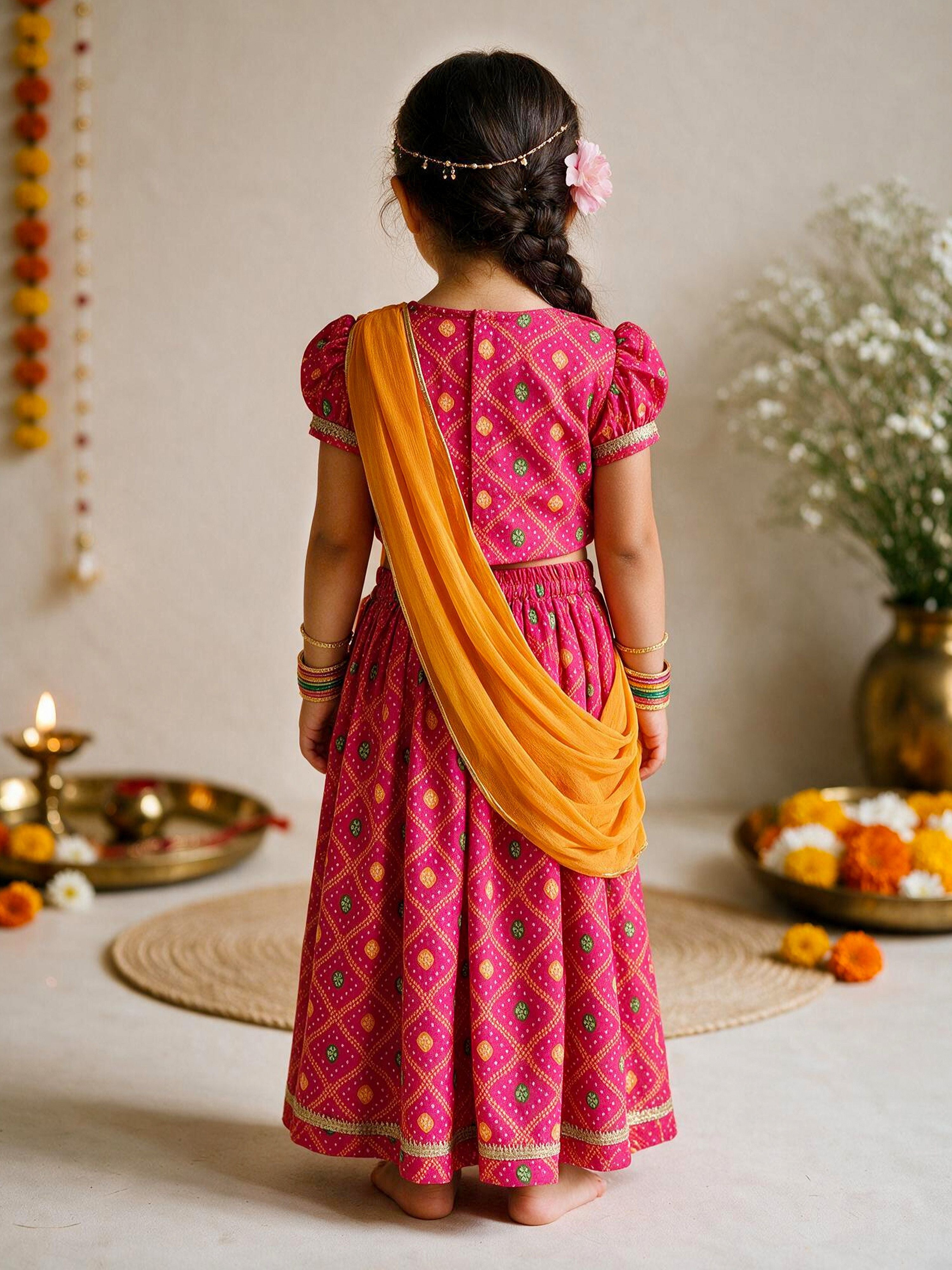 Girls's Pink Cotton-Blend Bandhni Cropped Length Lehenga With Choli And Dupatta Set
