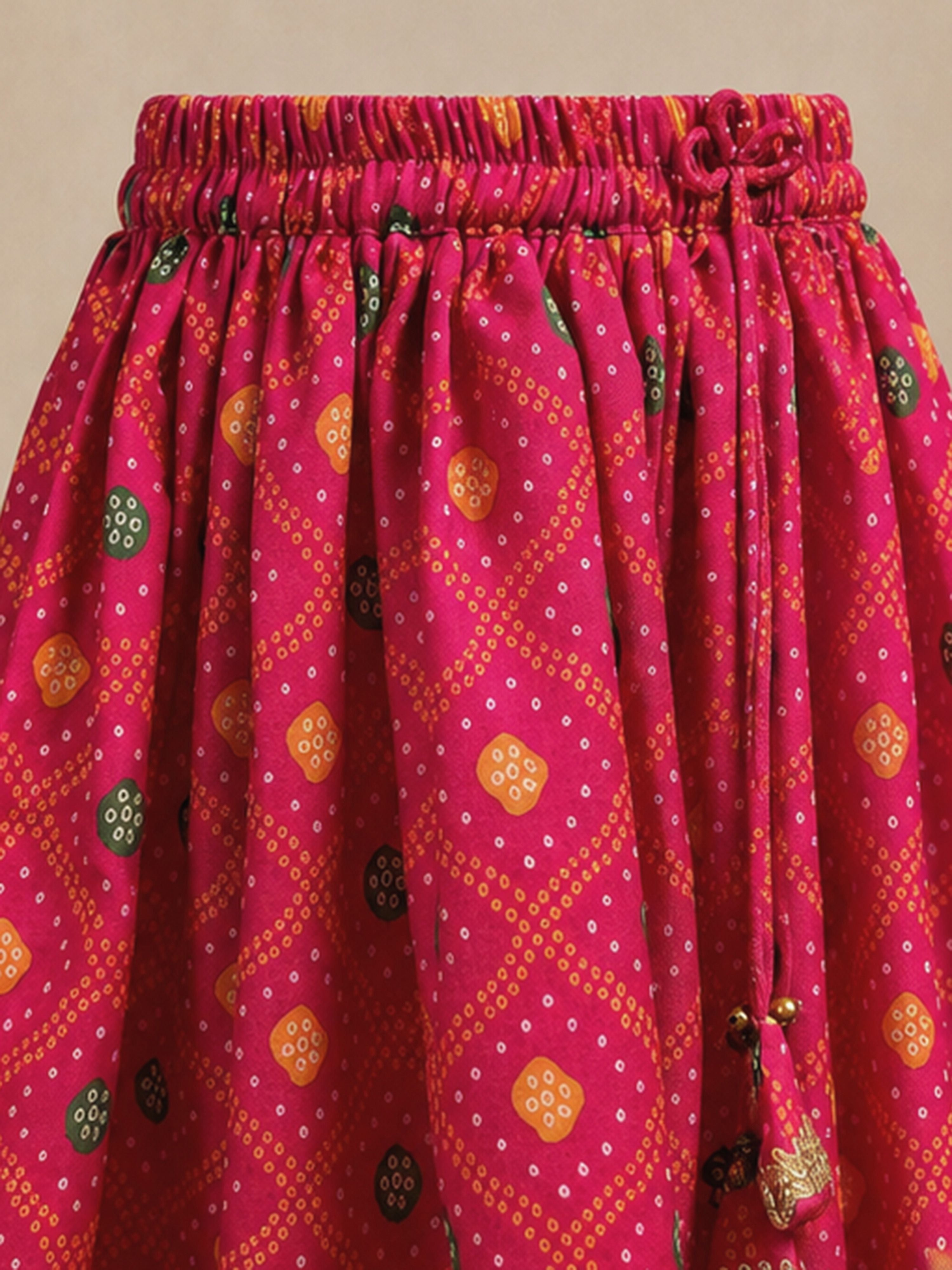 Girls's Pink Cotton-Blend Bandhni Cropped Length Lehenga With Choli And Dupatta Set