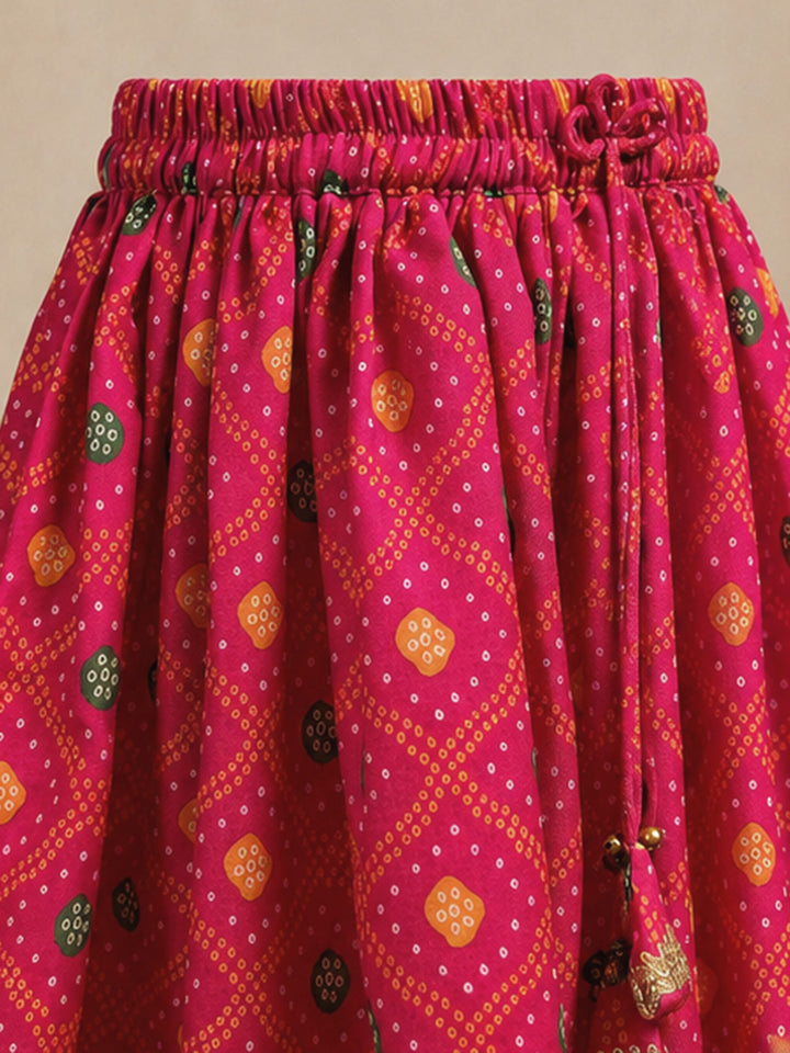 Girls Pink Cotton-Blend Bandhni Cropped Length Lehenga With Choli And Dupatta Set
