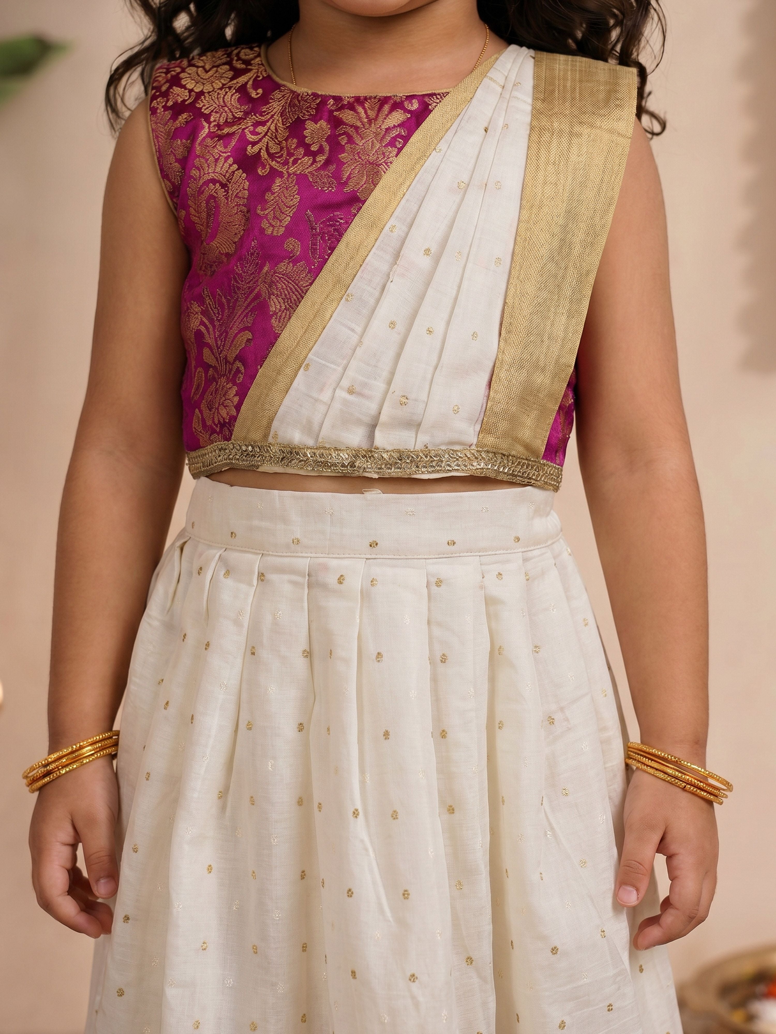 Girls's Off-White Cotton-Silk Self Design Cropped Length Lehenga & Choli with attached Dupatta