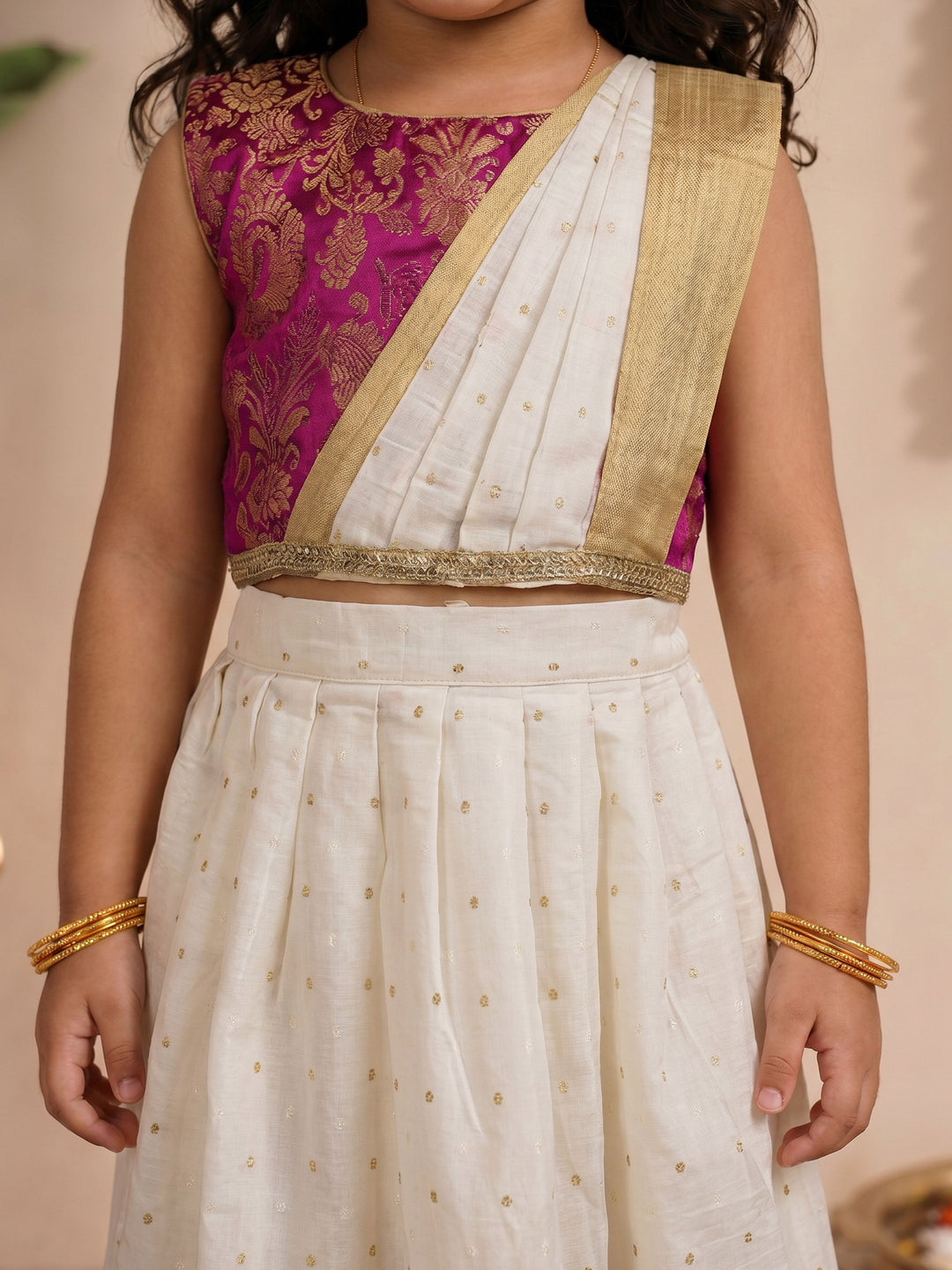 Girls Off-White Cotton-Silk Self Design Cropped Length Lehenga &amp; Choli with attached Dupatta