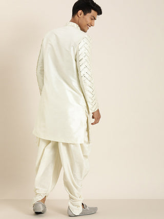 Vastramay Men's Cream Indo western Sherwani With Dhoti Set