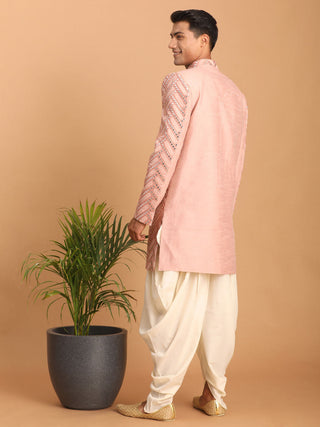 Vastramay Men's Pink Mirror Indo Western Sherwani With Dhoti Set