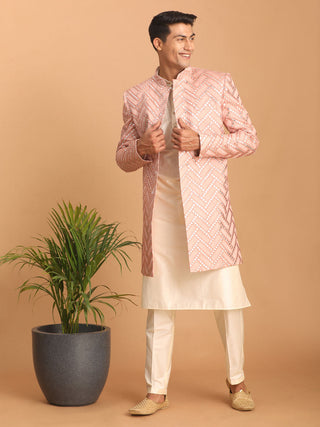 Vastramay Men's Pink Mirror Indo Western Sherwani with Kurta Pyjama Set