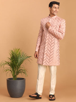Vastramay Men's Pink Mirror Indo Western Sherwani With Pant Set
