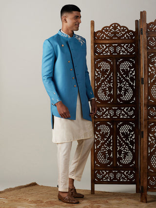 Vastramay Men's Turquoise Blue Pearl Embroidered Indo With Kurta Pant Set