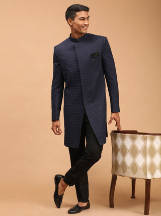 Vastramay Men's Navy Blue imported Jacquard Self Design Sherwani Only Top