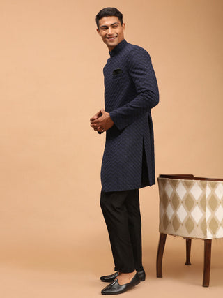 Vastramay Men's Navy Blue Imported Jacquard Self Design Sherwani Set