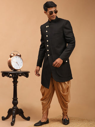SHRESTHA By VASTRAMAY Men's Black Cotton Blend Asymmetric Angrakha Indo Western With Rose Gold Dhoti Set