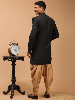 SHRESTHA By VASTRAMAY Men's Black Cotton Blend Asymmetric Angrakha Indo Western With Rose Gold Dhoti Set