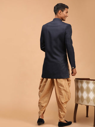 Vastramay Men's Navy Blue Cotton Blend Asymmetric Angrakha Indo Western With Rose Gold Dhoti Set