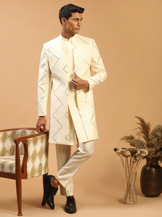 Vastramay Men's Cream Mirror Indo Western Sherwani With Pant Set