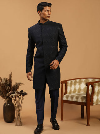 Vastramay Men's Navy Blue Glitter Indo Western Sherwani Only Top