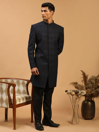 Vastramay Men's Navy Blue Glitter Indo Western Sherwani Set