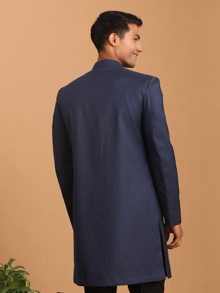 Vastramay Men's Navy Blue Solid Silk Blend Indo Western Only Top