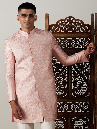 Vastramay Men's Peach Sequined Indo Western Sherwani Only Top