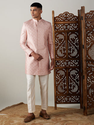 Vastramay Men's Peach Sequined Indo Western Sherwani Set