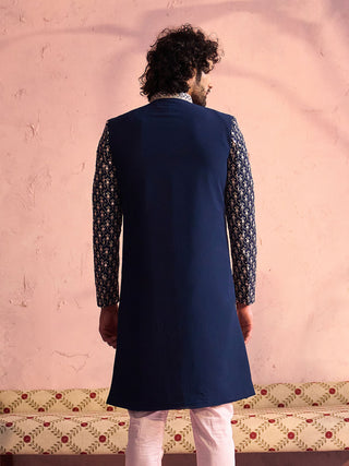 SHRESTHA By VASTRAMAY Men's Navy Blue And Pink Georgette Sherwani Only Top