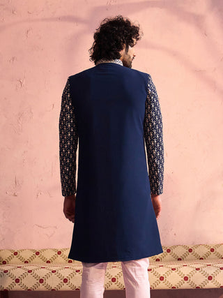 Vastramay Men's Navy Blue And Pink Georgette Sherwani Only Top