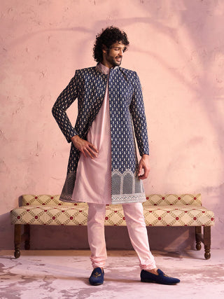 SHRESTHA By VASTRAMAY Men's Navy Blue And Pink Georgette Sherwani With Kurta Pyjama Set