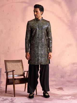 Vastramay Men's Black Georgette Embellished Indo Set