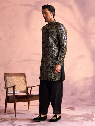 SHRESTHA By VASTRAMAY Men's Black Georgette Embellished Indo Set