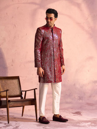 SHRESTHA By VASTRAMAY Men's Maroon Georgette Embellished Indo Set