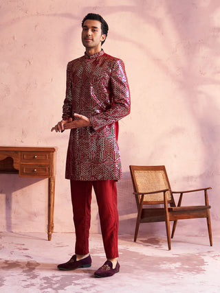 SHRESTHA By VASTRAMAY Men's Maroon Georgette Embellished Indo Set