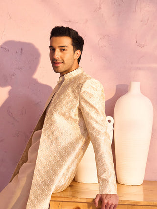 SHRESTHA By VASTRAMAY Men's Beige Silk Blend Embroidered Indo Only Top