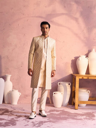SHRESTHA By VASTRAMAY Men's Beige Silk Blend Embroidered Indo With Kurta Pant Set