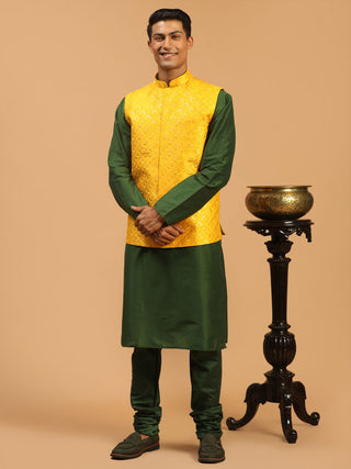 SHRESTHA By VASTRAMAY Men's Yellow Embellished Ethnic Nehru Jacket with Kurta Pyjama Set