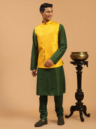SHRESTHA By VASTRAMAY Men's Yellow Embellished Ethnic Nehru Jacket with Kurta Pyjama Set